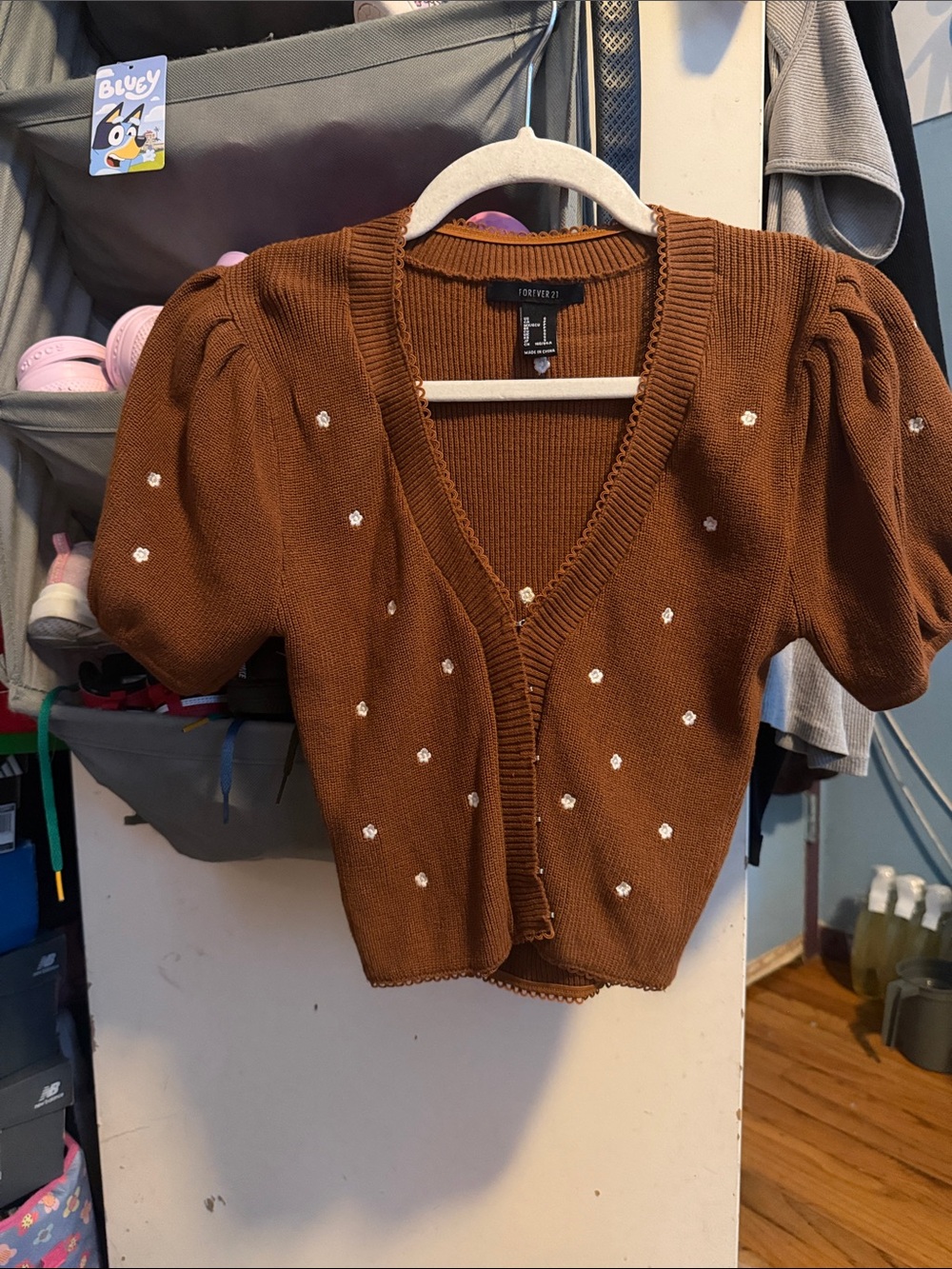 Forever 21 Brown Puff-Sleeve V-Neck Cardigan with White Embroidered Dots